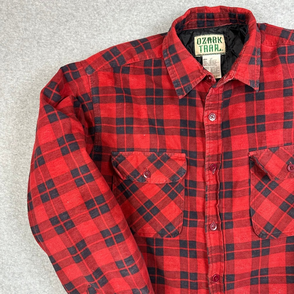 Ozark Trail‎ Mens LT Red Black Buffalo Plaid Quilted Lined Flannel Shirt Jacket